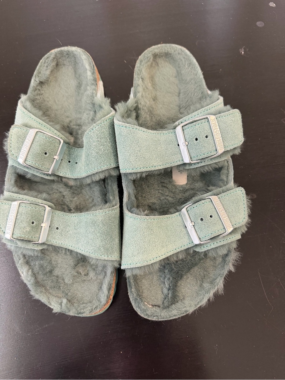 Aqua fur lined Birkenstocks - Picture 2 of 4